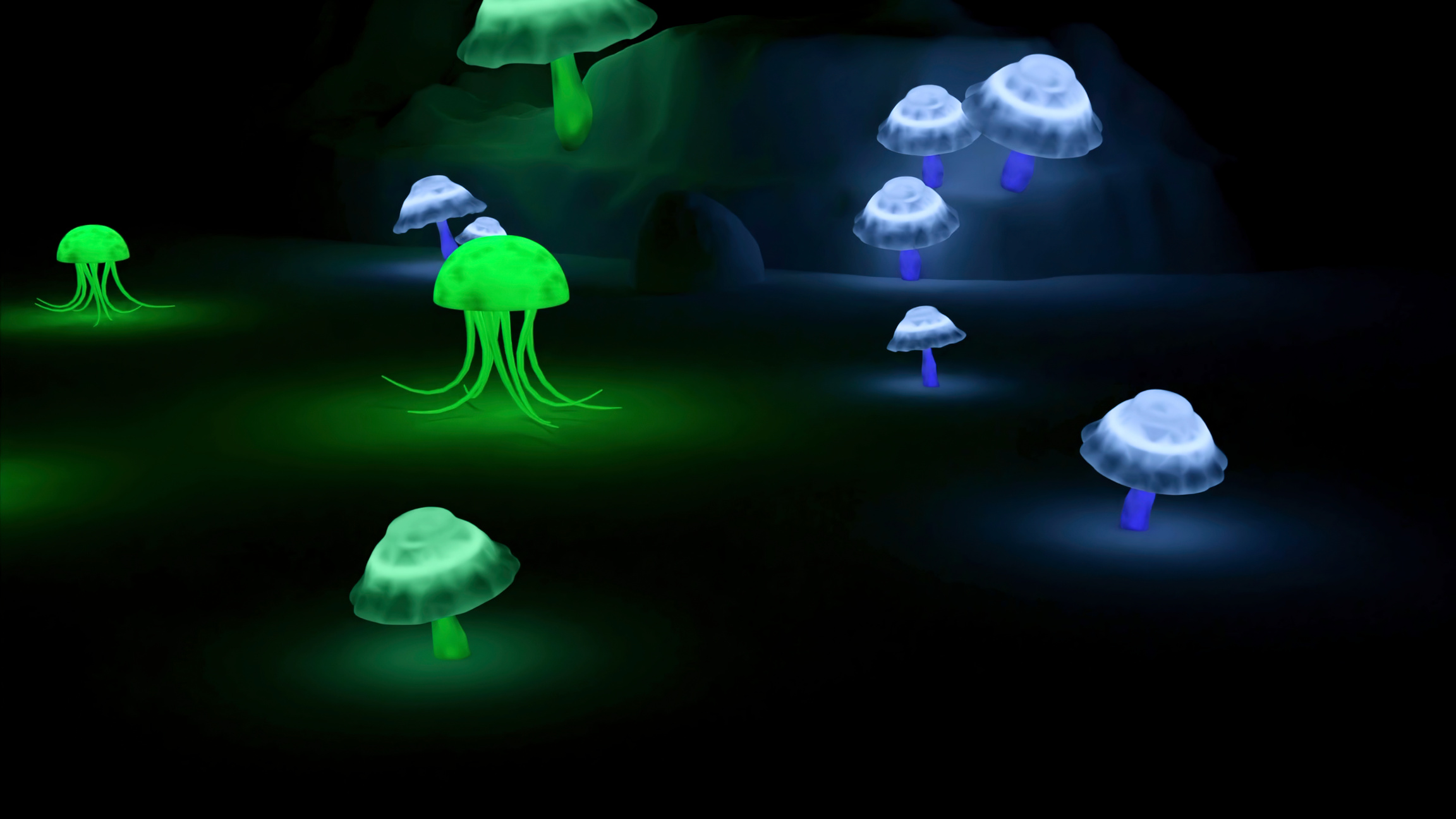 Psychedelic Animation with Neon Mushrooms. Design. Animation with Moving Jellyfish and Neon Mushrooms on Black Background. Moving Neon Mushrooms. Psychedelic Drugs